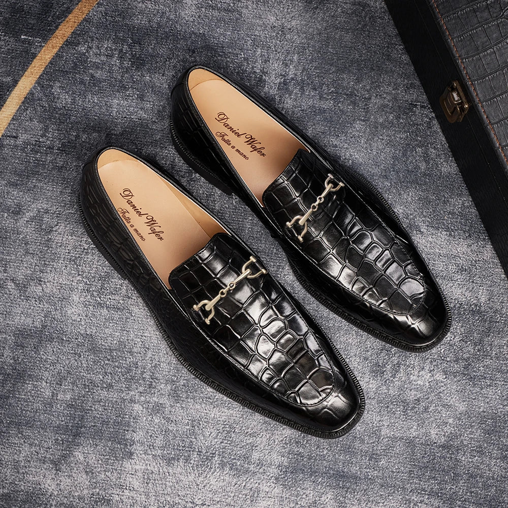 Formal Men's Oxford Shoes Pointed Toe Metal Buckle Genuine Leather Crocodile Pattern Shoes