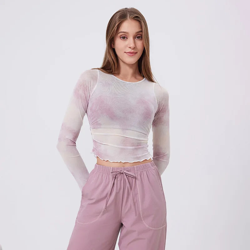 Women's Long Sleeve Yoga Shirt Women Tie-Dye 2 In 1 Gym Crop Top Slim Fit Breathable Running Top With Chest Pads Sportswear