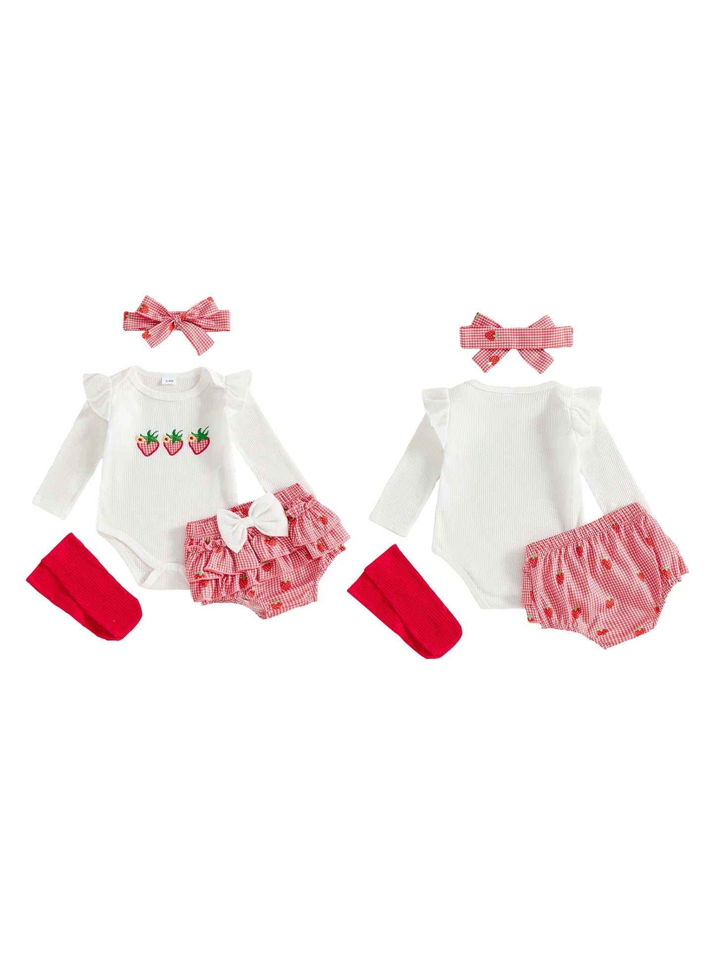Baby Girls Strawberry Outfit Set - 4-Piece Long Sleeve Romper, Plaid Shorts, Headband & Socks (0-18M)