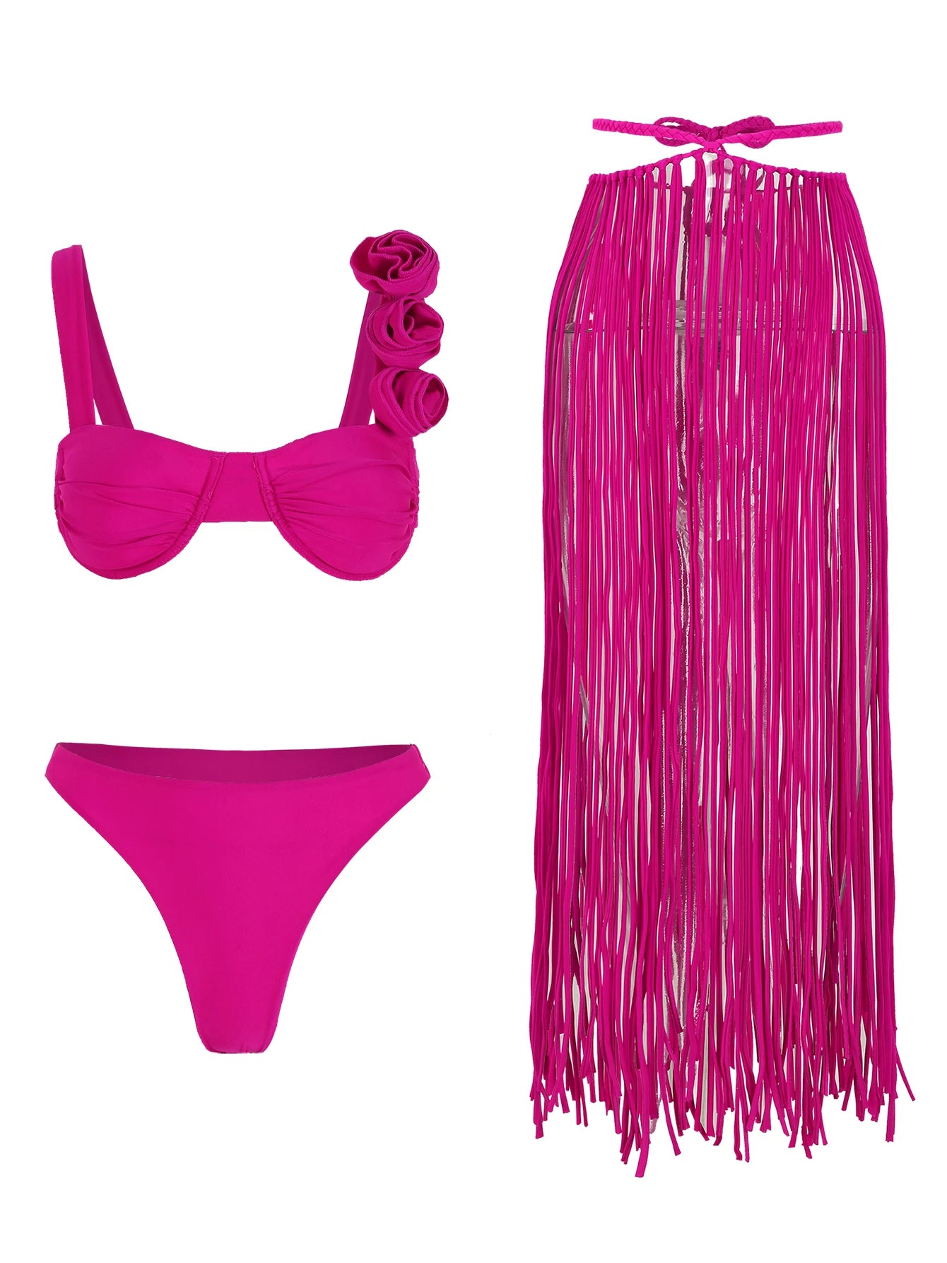 Women's Tassel 3 Pcs Skirt Halter Underwire Bra Tassel Skirt Set