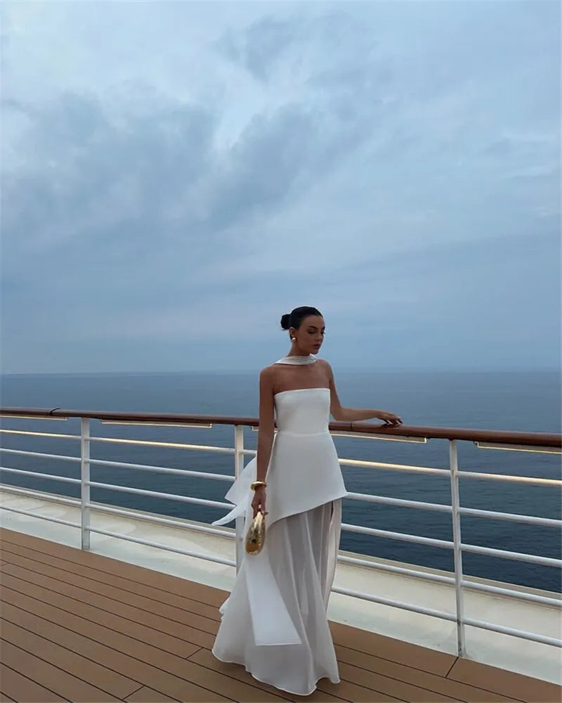 Women's Elegant Strapless Maxi Gown With Scarf Off-shoulder Sleeveless Backless Split Beach Long Dress
