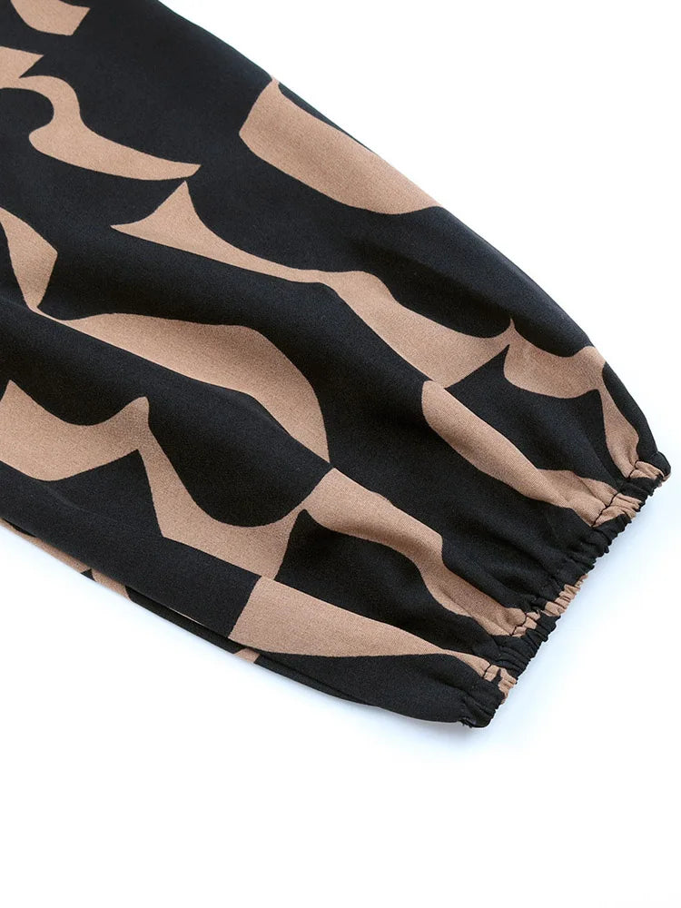 Women's Autumn Winter Long Sleeve Print Elegant V-neck Casual A-Line Knee-Length High Waist Dress