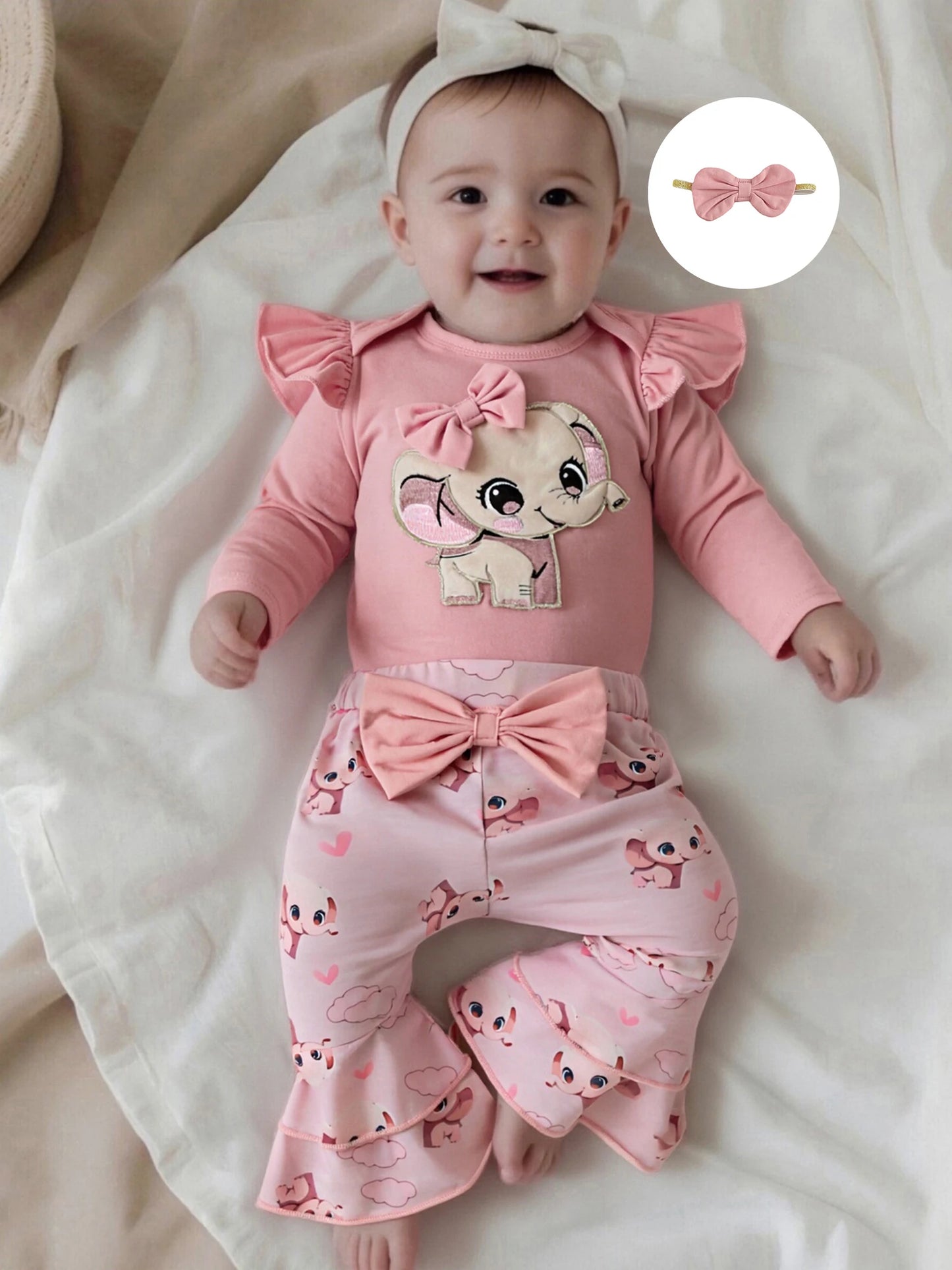 Baby Girls Fall Winter Clothes Set - Long Sleeve Bow Animal Embroidery Jumpsuit, Headband & Flared Pants