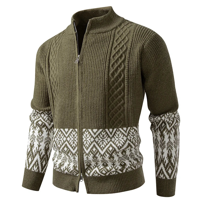 Men's Patchwork Knit Cardigan - Stand Collar Warm Sweatercoat for Autumn Winter