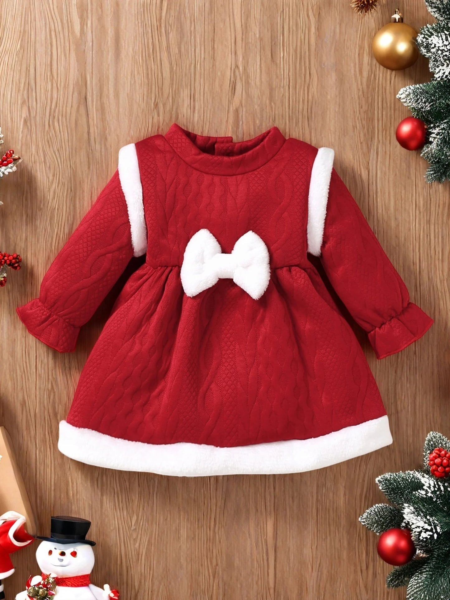 Baby Girls Christmas Dress - Long Sleeve Bow Patchwork Winter Party Dress