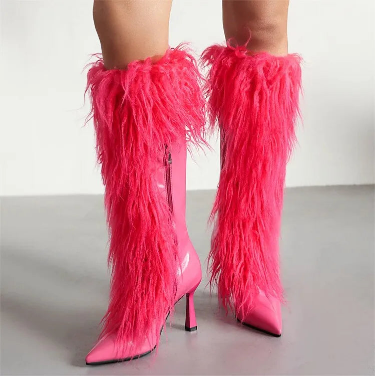 Women's Pointed Patent Leather Knee High Side Zipper High Heel Boots