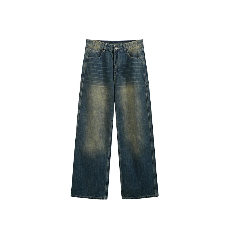 Unisex Retro Washed Jeans Stretch Straight Leg Denim Trousers