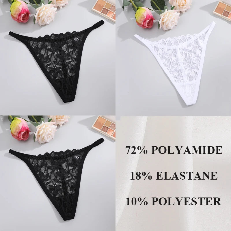 Women's 3Pcs/Set Lace Floral Thongs Hollow Out Underwear Low-Waist Perspective G-string Breathable Lingerie