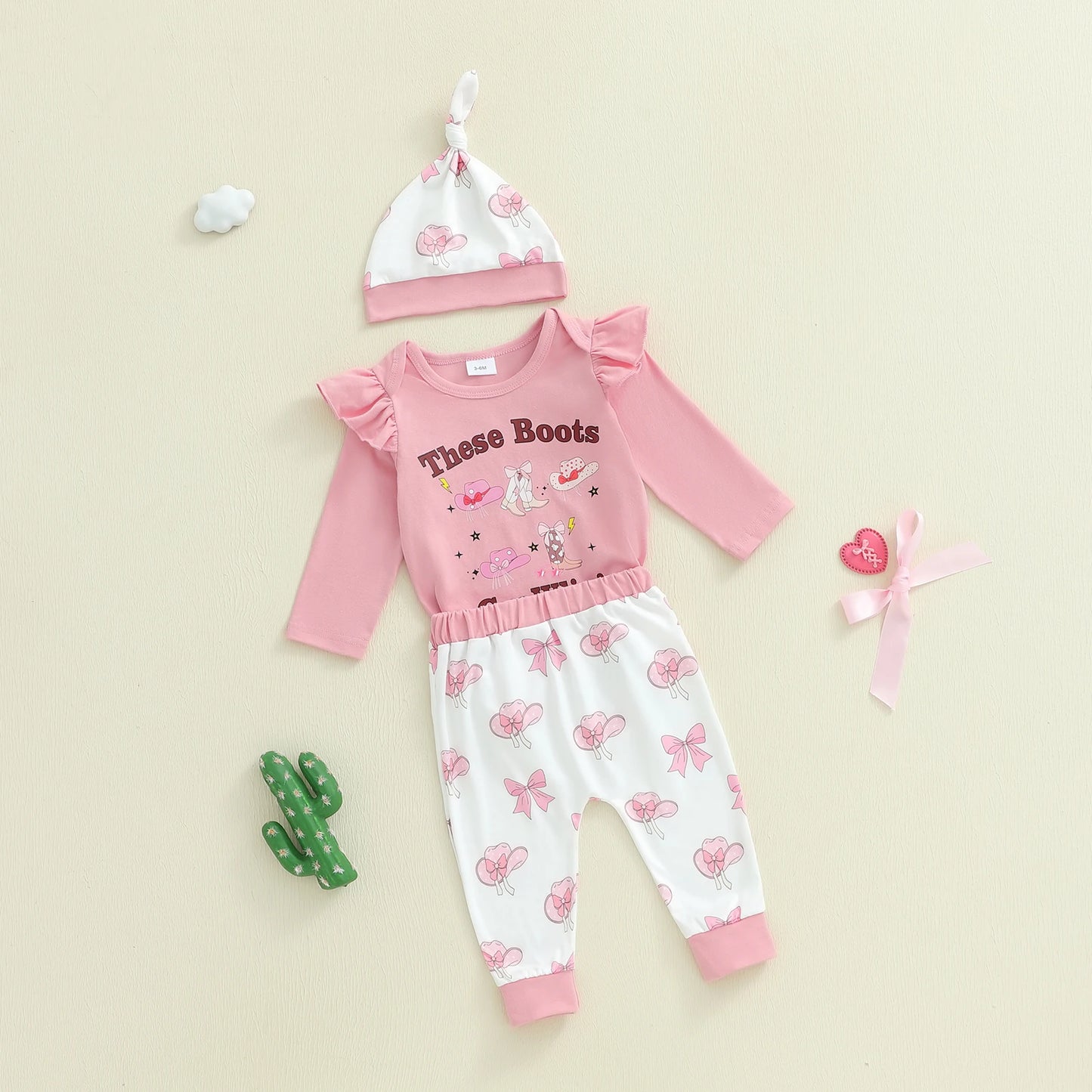 Baby Girls Western Fall Winter Clothes Set - Long Sleeve Boots Letters Print Romper with Bow Pants & Hat