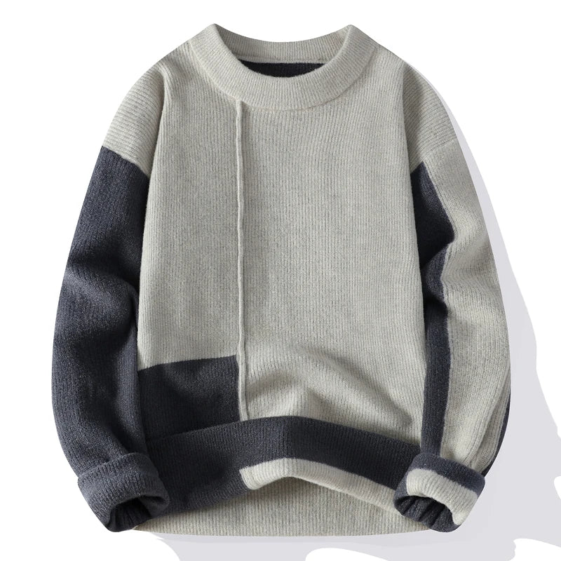 Men's Autumn Winter Casual O-Neck Patchwork Knitted Pullover Sweater