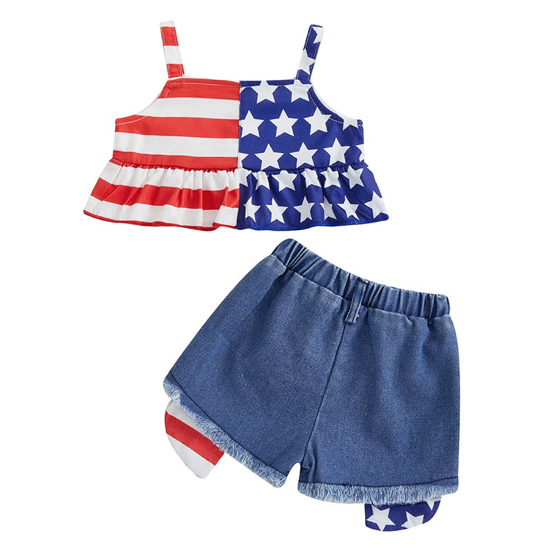 0-4Y Kids Girls American Flag Clothes Sets Star Stripe Print Camisole and Elastic Raw Denim Shorts