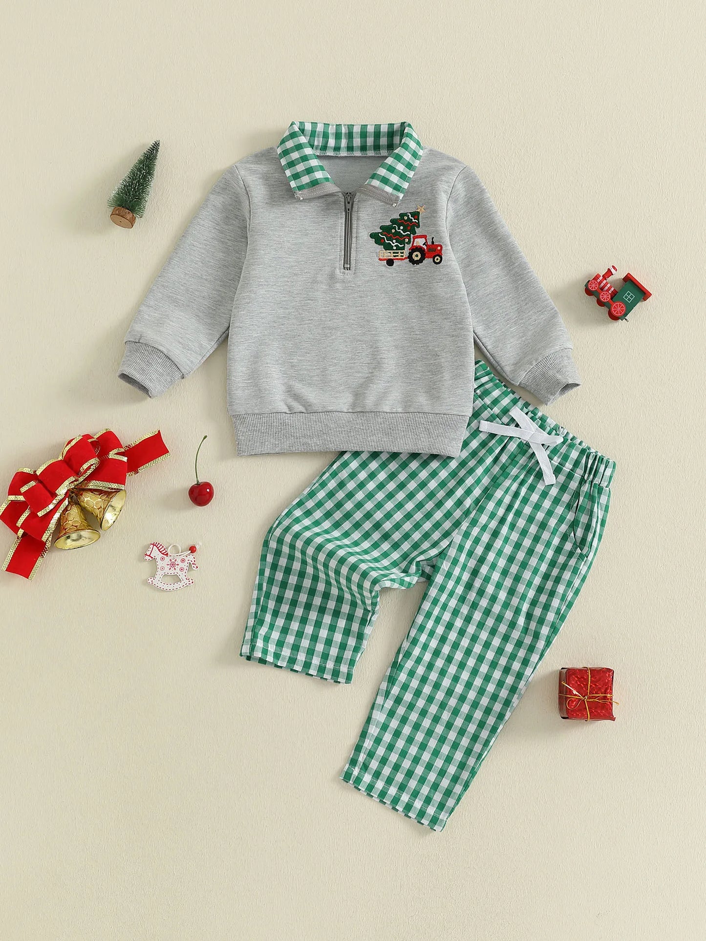 Baby Boys Christmas Clothes Set - Xmas Tree Embroidery Zip Pullover & Plaid Pants