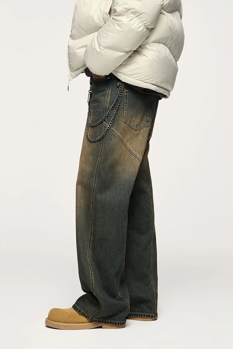Unisex Retro Washed Jeans Stretch Straight Leg Denim Trousers