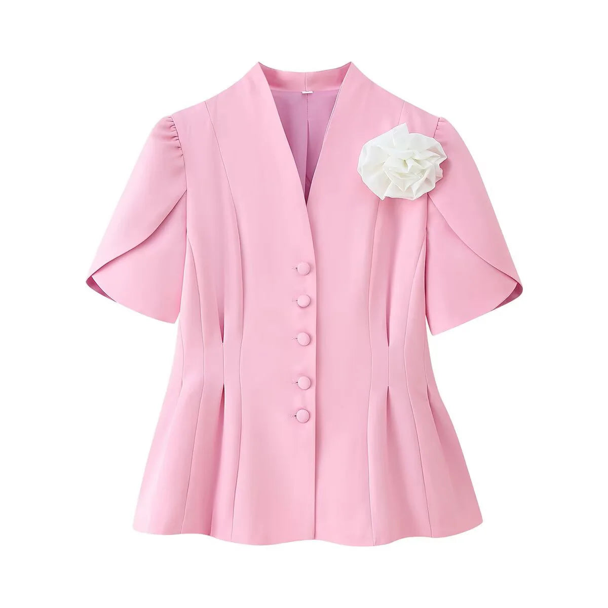 Women's Floral V-Neck Suit Jacket - Waist Cinching Short Sleeve Blazer with Handmade Details