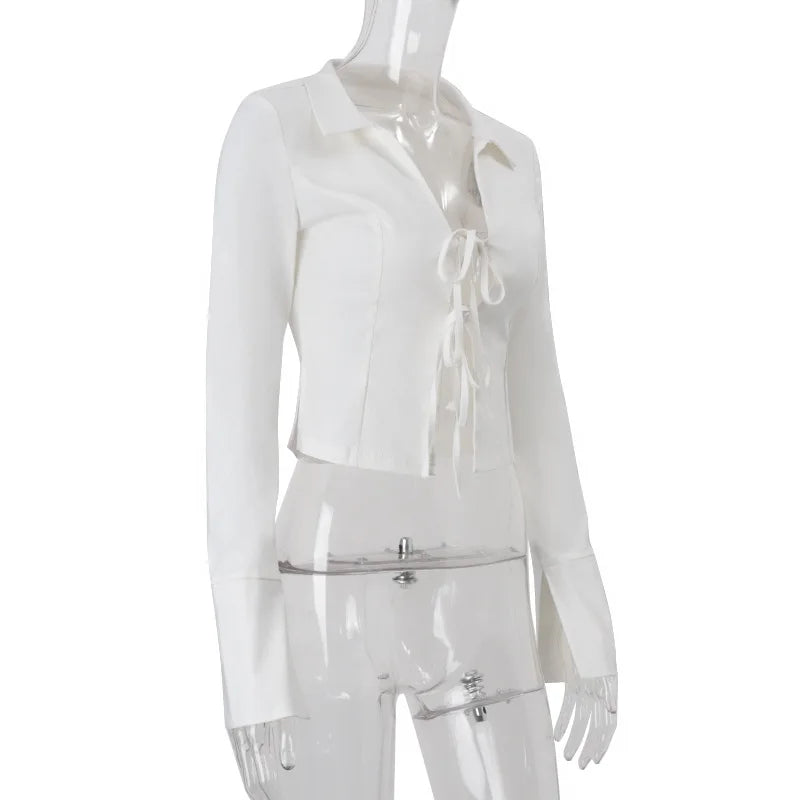 Women's Retro Y2K White Tie Front Cardigan - V Neck Long Sleeve Cropped Top
