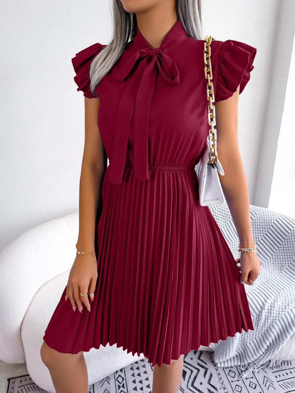 Women's Spring Summer Elegant Lace Up High Waist Large Fold Bow Collar Pleated Dress