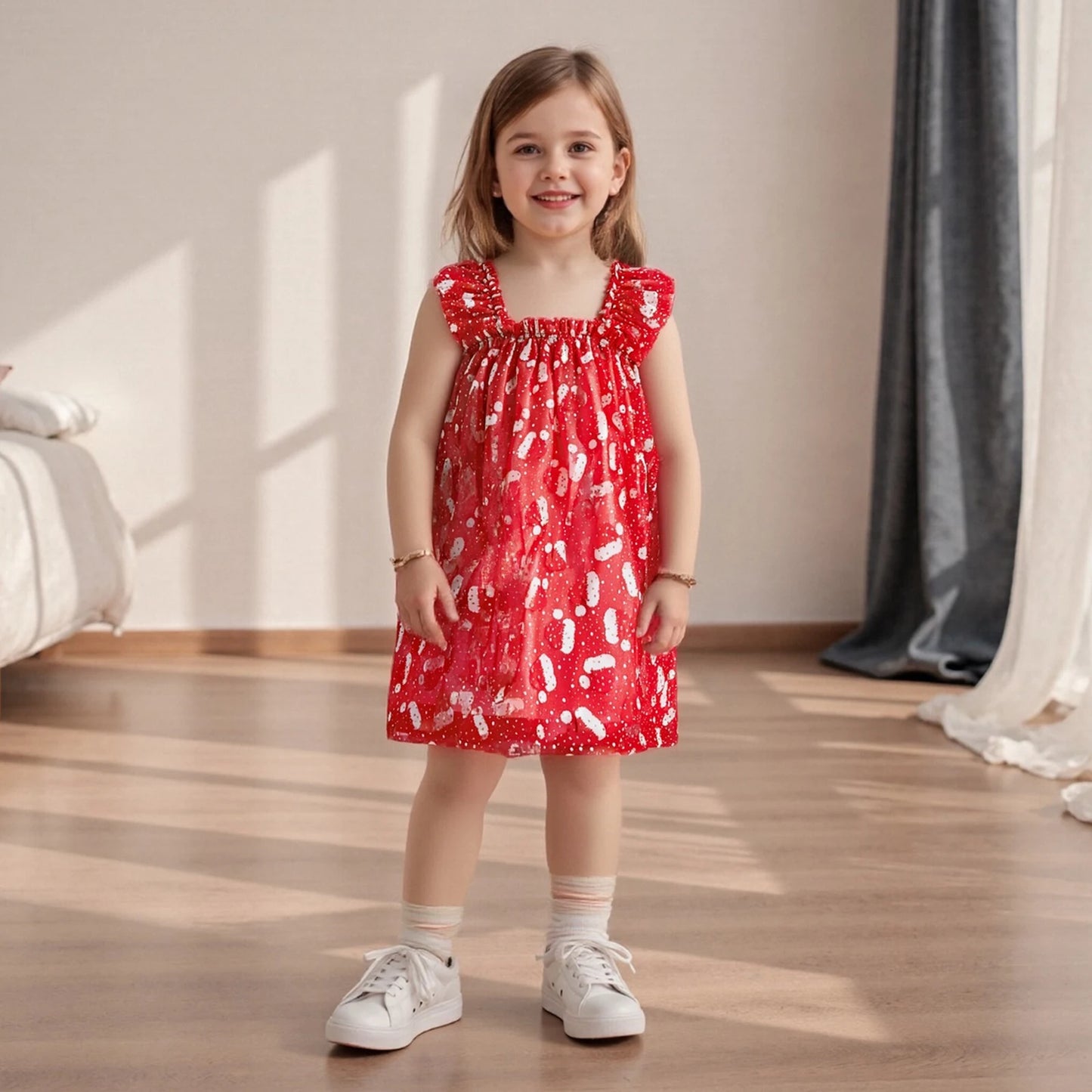 Toddler Girls' Christmas Tulle Dress - Santa Hat Print Sleeveless A-Line Party Dress