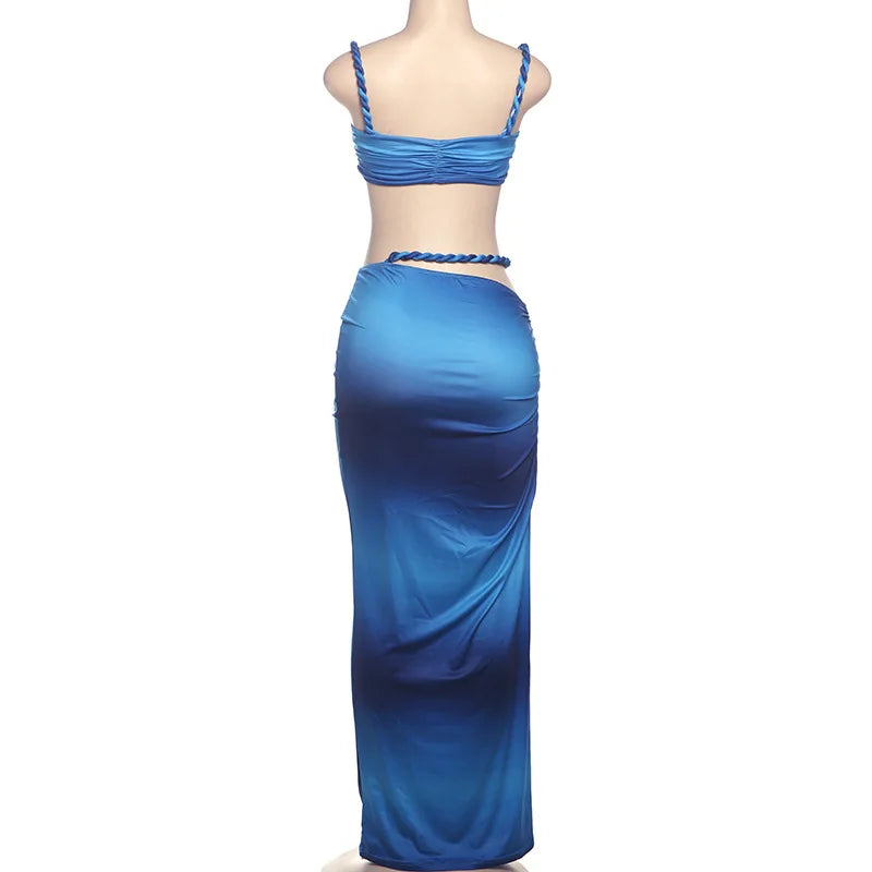 Women's Ruched Bandage 2 Piece Set Backless Decorative Cord Top and Skirt Dress Set