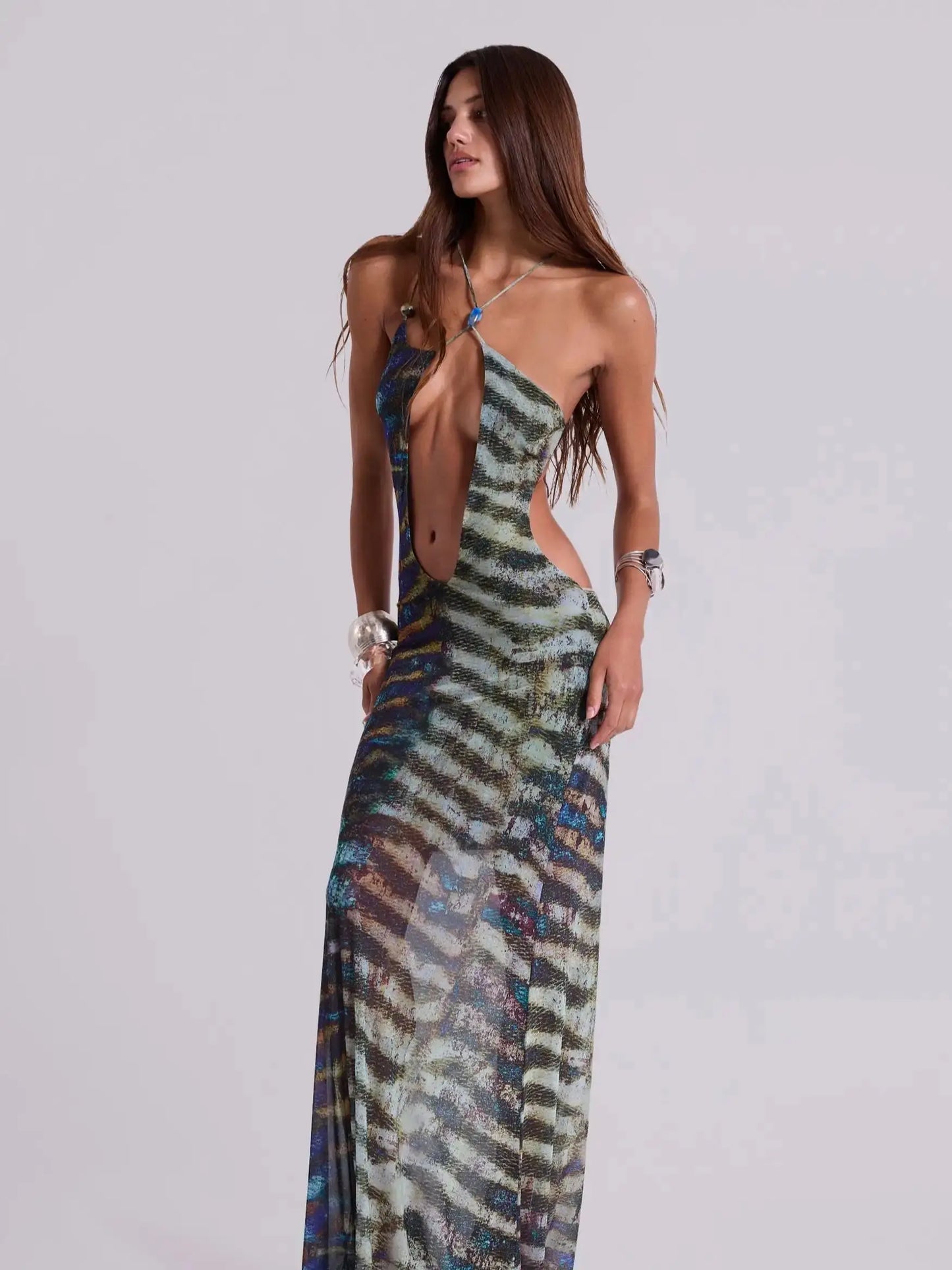 Bohemian Halter Maxi Dress - Asymmetric Print Beach Cover-Up