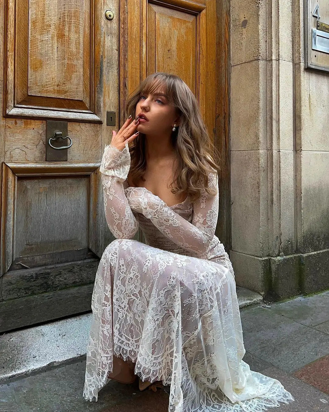 Women's Elegant Vintage Hollow Out Lace Maxi Dress - Long Sleeve Cape 2 Piece Set Outfits Gown Slip Dress Bandage