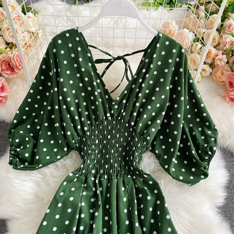 Women's V-Neck Polka Dot Jumpsuit - Wide Leg Trousers with Dolman Sleeves