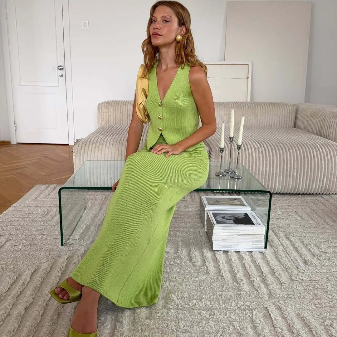 Women's Knitted Sweater Dress Two-Piece Set - Sleeveless V Neck Vest & Maxi Skirt