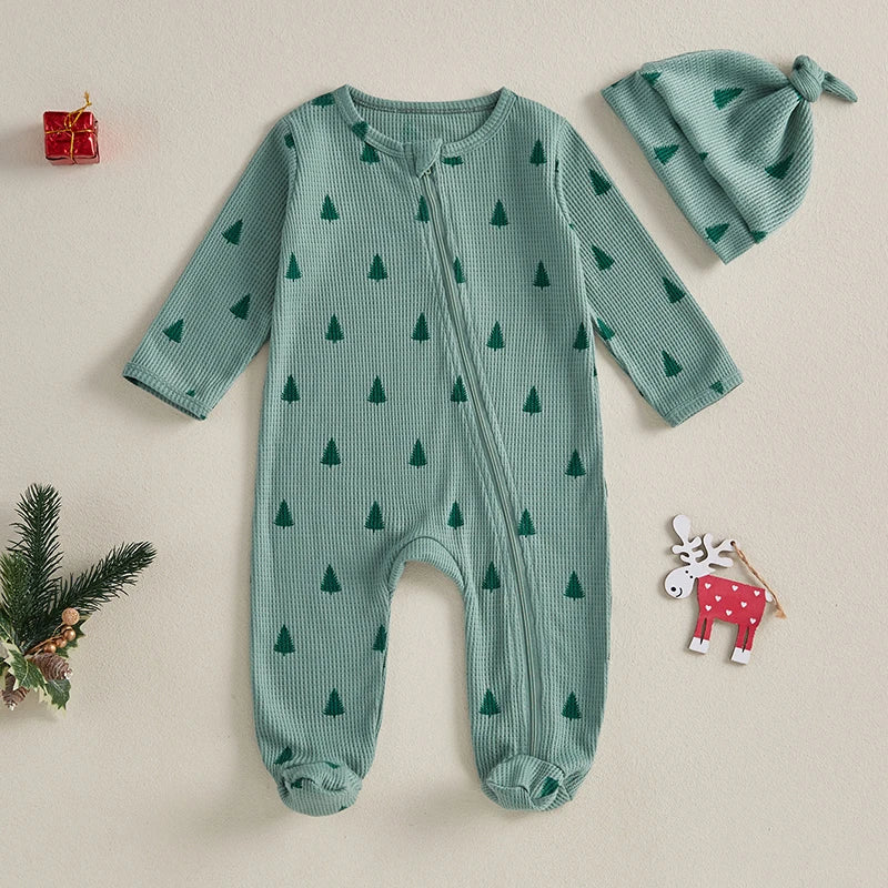 Newborn Christmas Romper Set with Hat - Xmas Tree Print Zip-Up Footed Jumpsuit