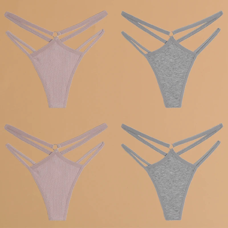 4-Pack Cotton Striped Thongs - Women's Low-Rise Breathable Underwear Set