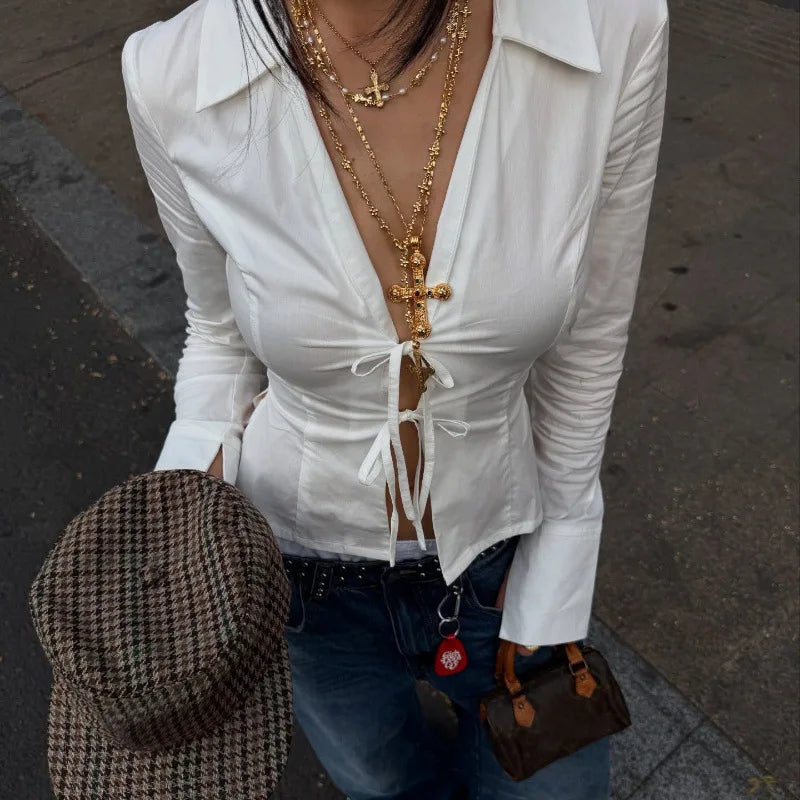 Women's Retro Y2K White Tie Front Cardigan - V Neck Long Sleeve Cropped Top
