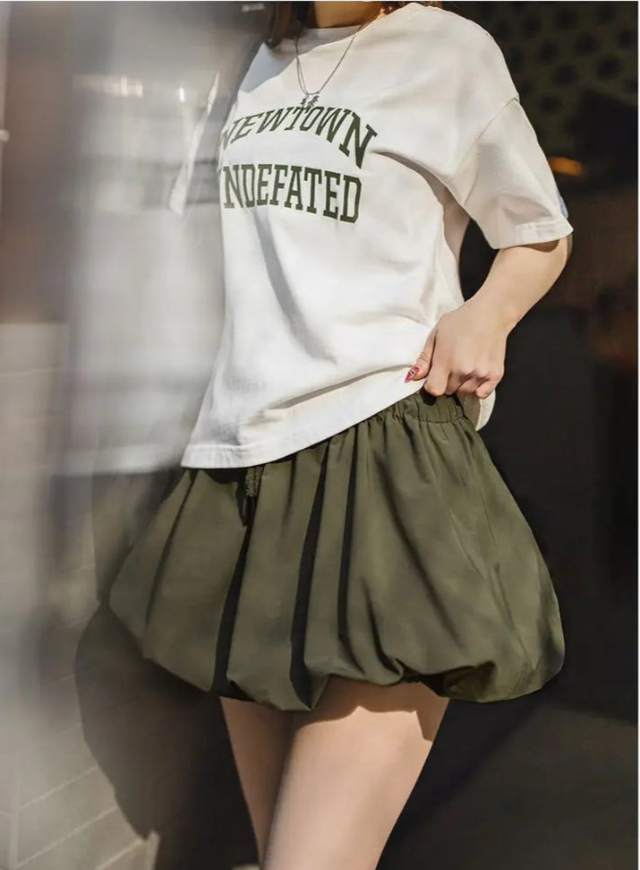 Women's Casual Green Bubble Hem Mini Summer Drawstring Waist Lantern A-Line Versatile Floral Petal Short Skirt