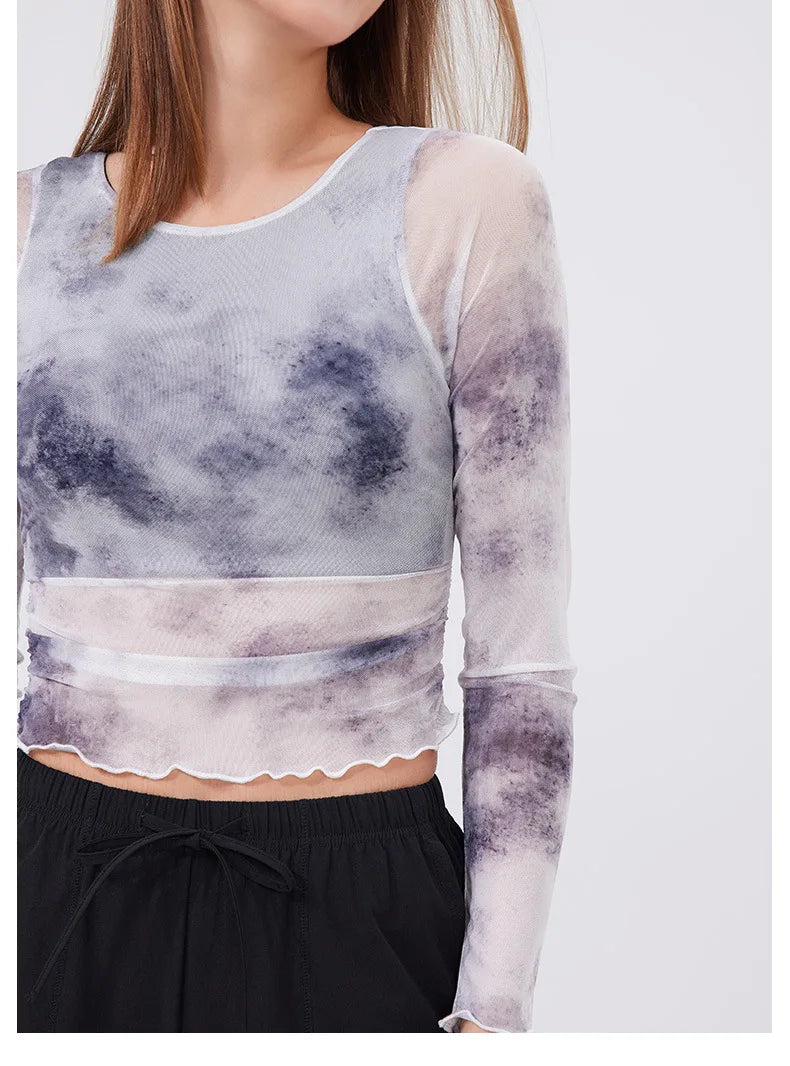 Women's Long Sleeve Yoga Shirt Women Tie-Dye 2 In 1 Gym Crop Top Slim Fit Breathable Running Top With Chest Pads Sportswear