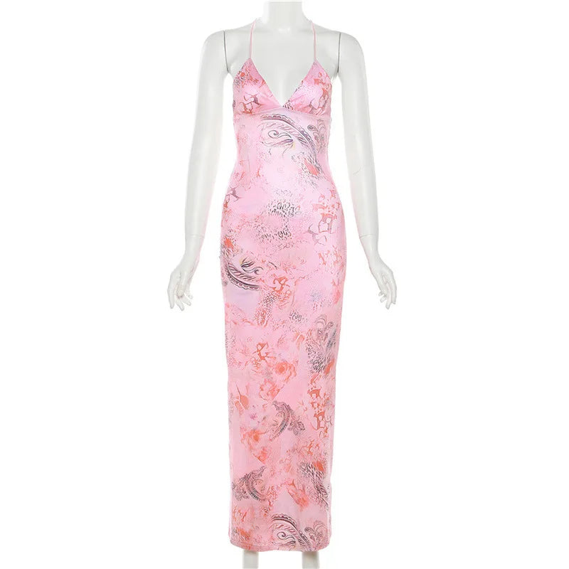 Women's Maxi Backless Butterfly Print Sleeveless Thin Line Summer Party Dress