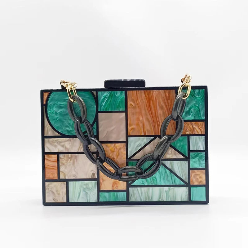 Luxury Acrylic Evening Bag - Chic Multicolour Patchwork Crossbody Clutch with Chain