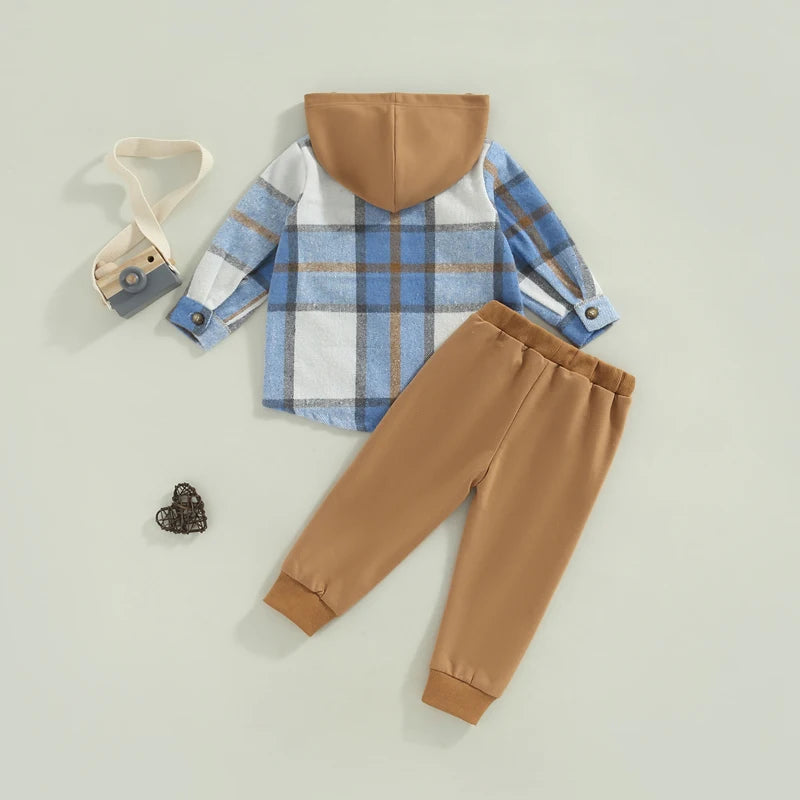 1-6Y Autumn Causal Kids Boys Clothes Sets 2pcs Plaid Printed Patchwork Hooded Long Sleeve Jacket and Trousers
