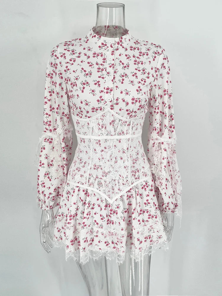 Women's V-Neck Printed Mini Lace Ruffled High Waist Long Sleeve Splice Contrast Slim Fit Bandage Dress