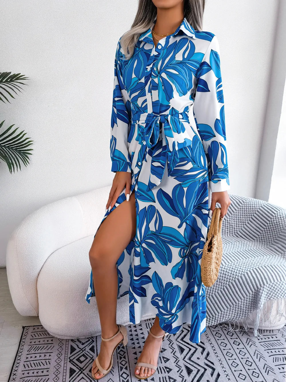 Women's Spring Summer Contrast Floral Polo Collar Lace Up Shirt Single Breasted Long Dress