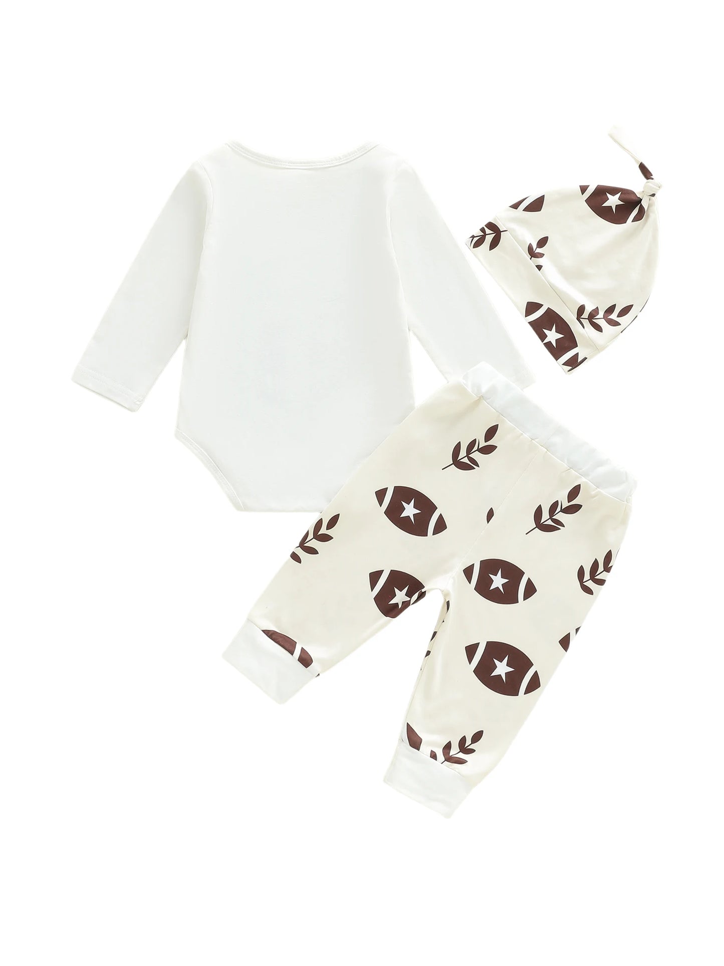 Baby Boys Autumn Winter Clothes Set - Letter Print Long Sleeve Romper, Football Leaf Pants & Hat