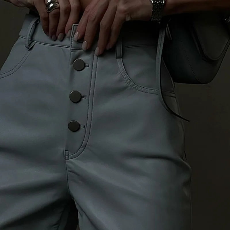 Women's PU Leather High Rise Button Up Straight Leg Trousers