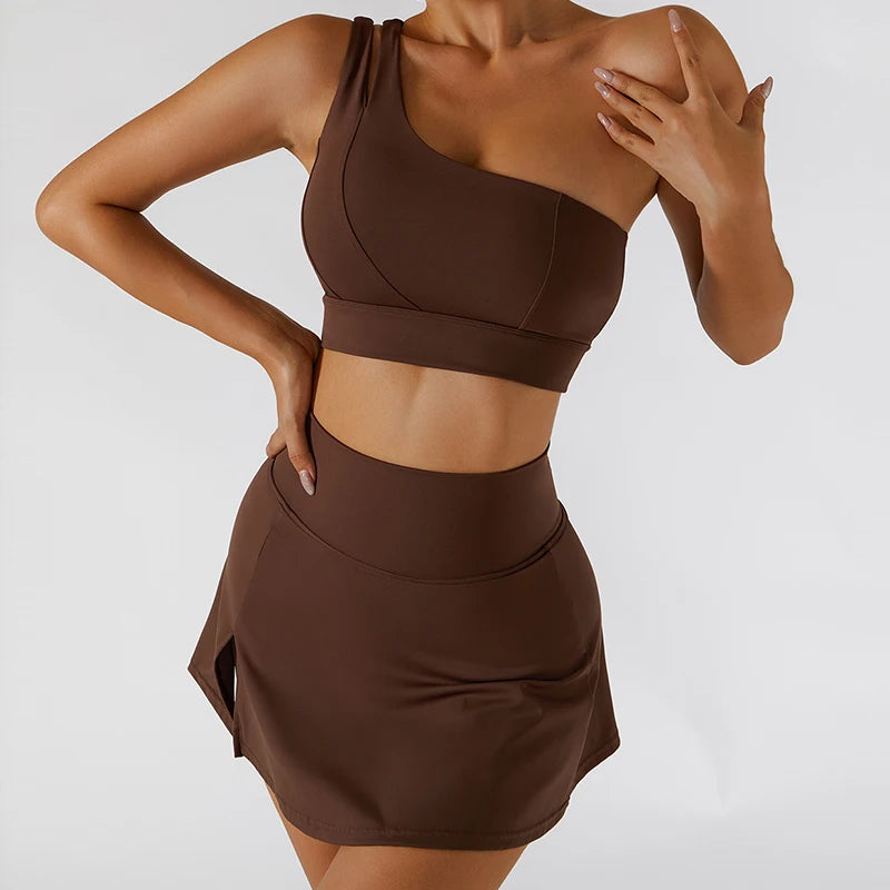 Women’s 2pc Sports Skirt Suit Outdoor Leisure Single Shoulder Bra Suit Quick Drying Tennis Set Yoga workout Skirt Set