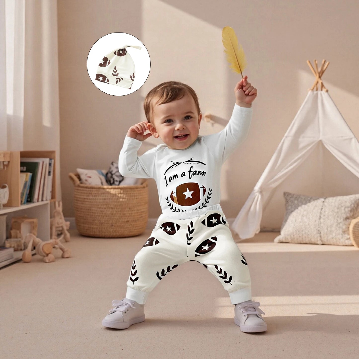 Baby Boys Autumn Winter Clothes Set - Letter Print Long Sleeve Romper, Football Leaf Pants & Hat