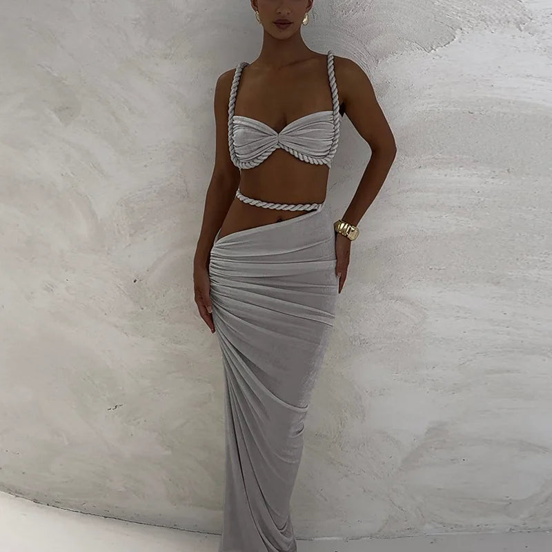 Women's Ruched Bandage 2 Piece Set Backless Decorative Cord Top and Skirt Dress Set