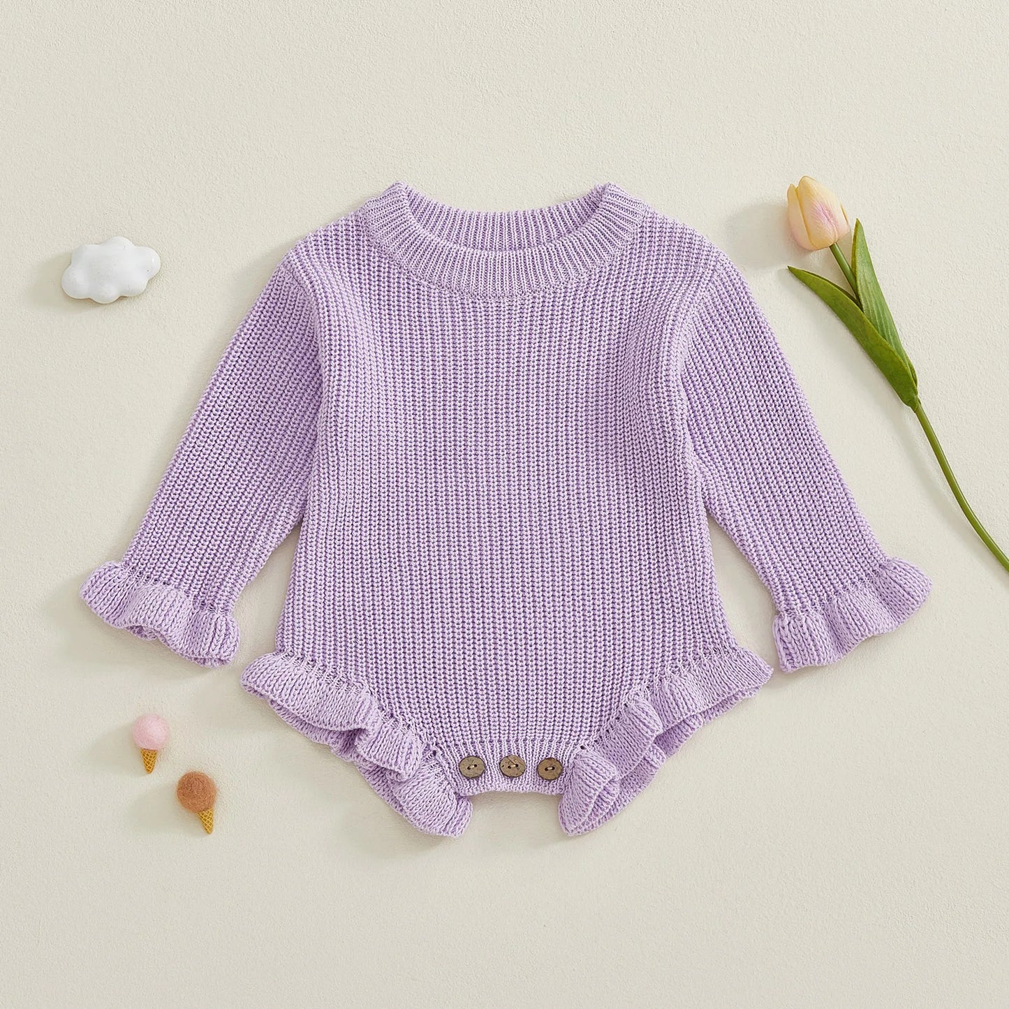 Newborn Baby Knit Romper - Long Sleeve Round Neck Ruffled Sweater Jumpsuit