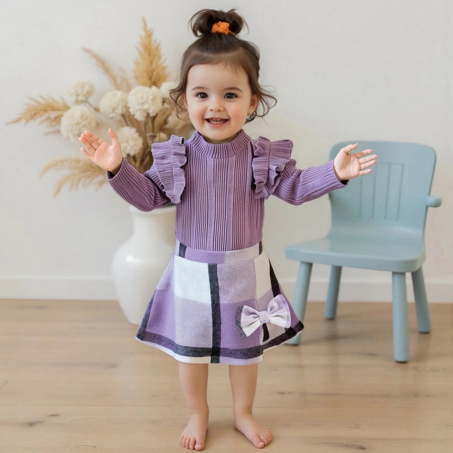 Girl's Skirt Set - Long Sleeve Crew Neck T-Shirt with Plaid Skirt
