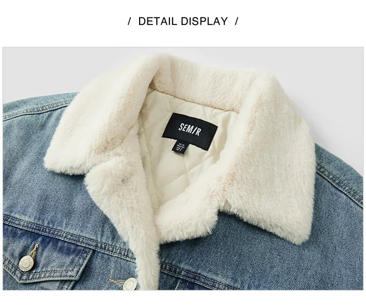 Denim Jacket Women Patchwork Imitation Rabbit Fur Lapel Loose Winter Quilted Jacket
