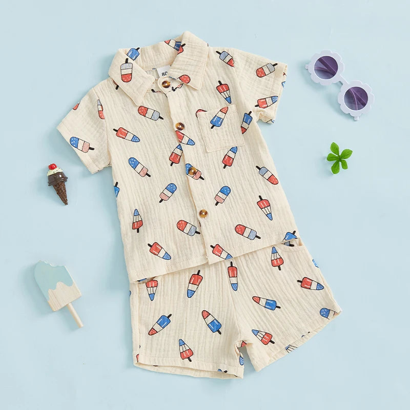 0-4Y Kids Boys American Flag Colours Print Clothes Sets Ice Cream Print Lapel Button Down Short Sleeve Shirt with Shorts