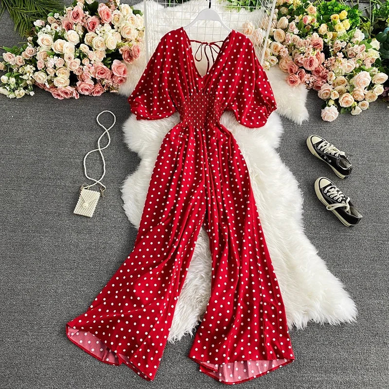 Women's V-Neck Polka Dot Jumpsuit - Wide Leg Trousers with Dolman Sleeves