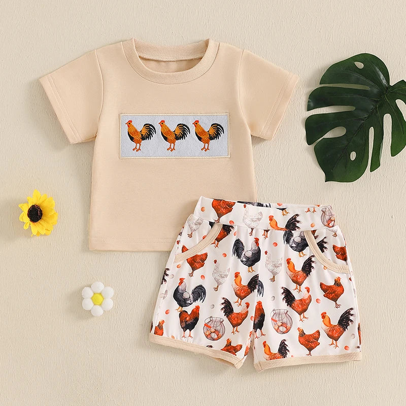0-4Y Toddler Kids Boys Clothes Sets Rooster Embroidery Short Sleeve T-shirts Elastic Waist Shorts 2PCS