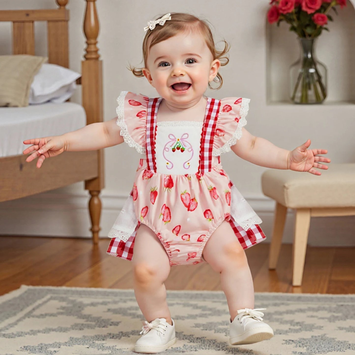 Baby Girls Strawberry Plaid Romper Dress - Flutter Sleeve Summer Jumpsuit (0-24M)