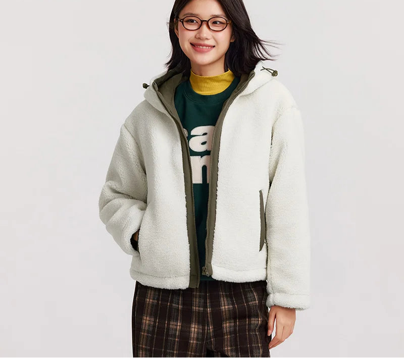 Women's Anti-Static Faux Sherpa Hooded Jacket - Loose Fit Color Block Winter Coat
