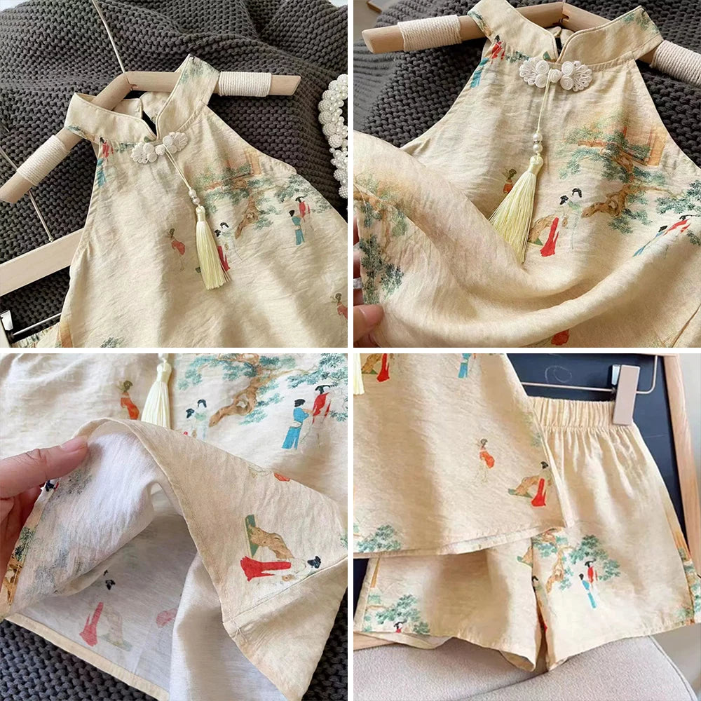 Girls' Set Summer Style Printed Standing Neck Tassel Top and Shorts Two Piece Set